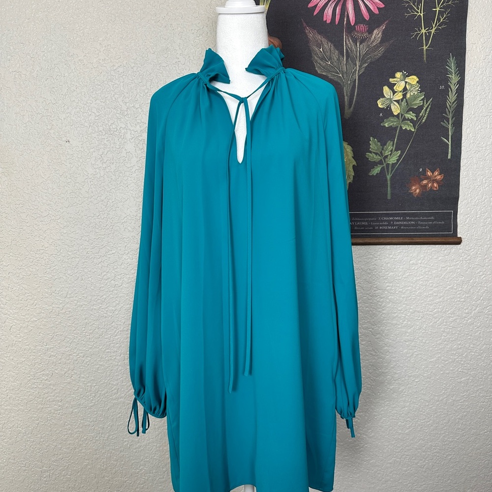 Amanda Uprichard Vibrant Teal Tunic Dress with Ruffle Collar and Ties